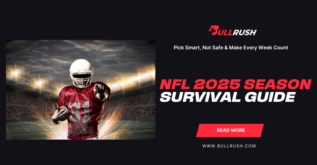A football player in red jersey and white helmet is poised on a lit stadium field. Text reads "NFL 2025 Season Survival Guide" with an option to read more.
