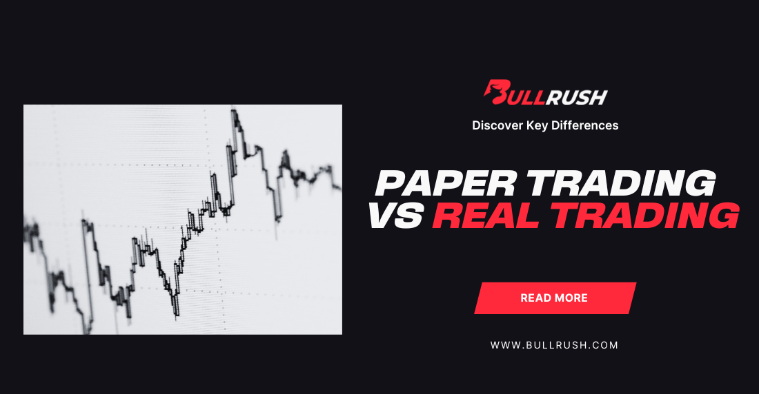Graph showing fluctuating stock prices on the left, with text on the right saying "Paper Trading vs Real Trading" in bold. Mood is informative and engaging.