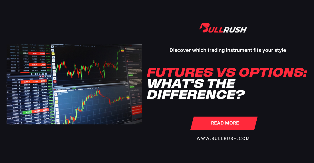 A dark-themed financial trading ad with two colorful stock charts on screens. Bold text reads "Futures vs Options: What's the Difference?" in red and white.