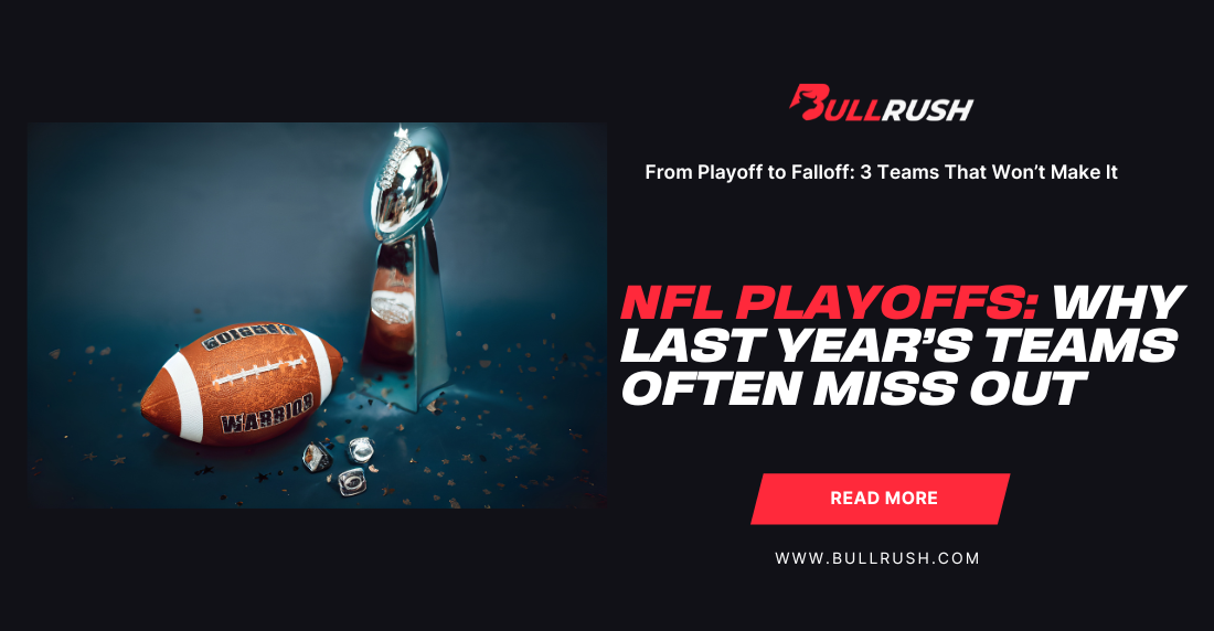 Football and championship trophy on dark background with confetti. Text reads: 'NFL Playoffs: Why Last Year's Teams Often Miss Out.