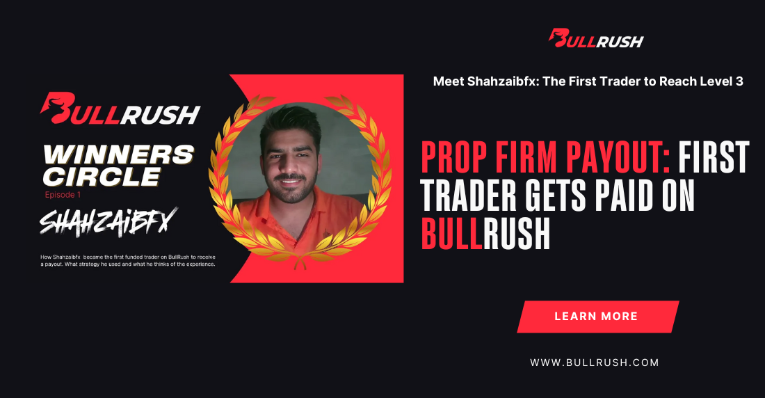 BullRush Winners Circle graphic with 'SHAHZAIBFX' written prominently. A smiling man in an orange shirt is surrounded by a laurel wreath. First Trader Gets Paid on BullRush