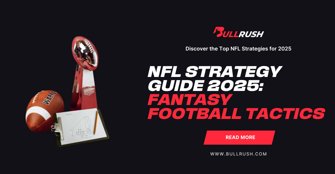 Image of a football, trophy, and playbook on the left. Text on the right reads "NFL Strategy Guide 2025: Fantasy Football Tactics." Bold and dynamic tone.