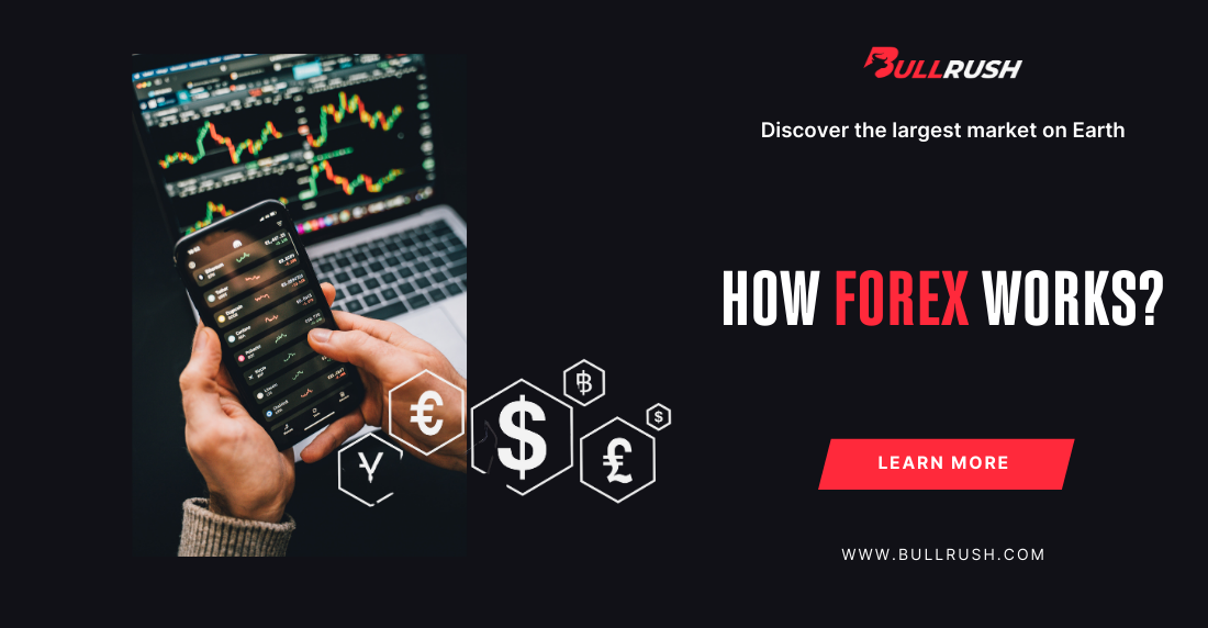 A person holds a smartphone with a trading app, in front of a laptop displaying stock charts. Text reads "How Forex Works?" with a red "Learn More" button.