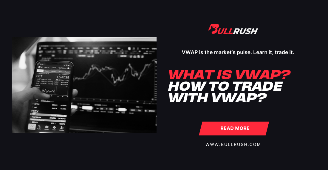 Black and white image showing a smartphone and computer screen with stock charts. Text reads "What is VWAP? How to trade with VWAP?" Tone is informative.