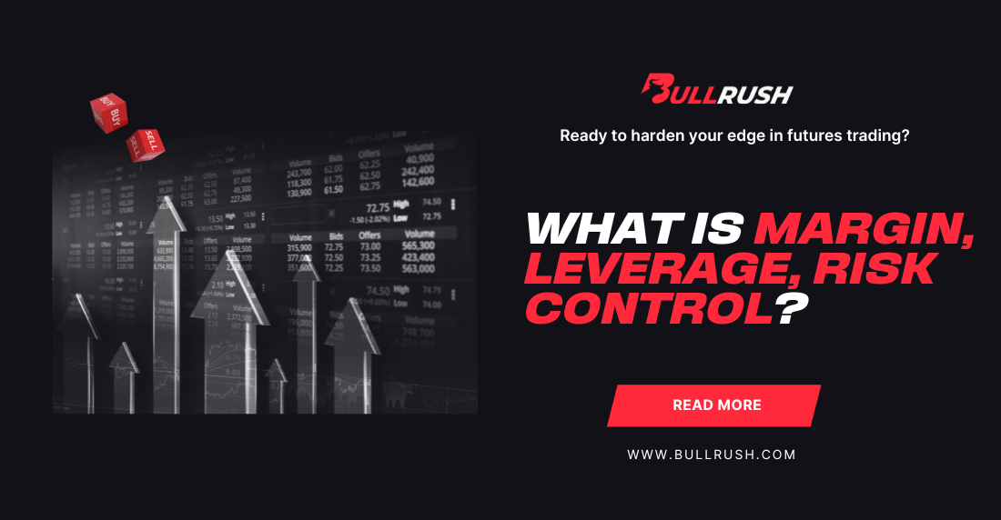 A graphic with upward arrows on a stock market background, red dice, and bold text asking about margin, leverage, and risk control in futures trading.