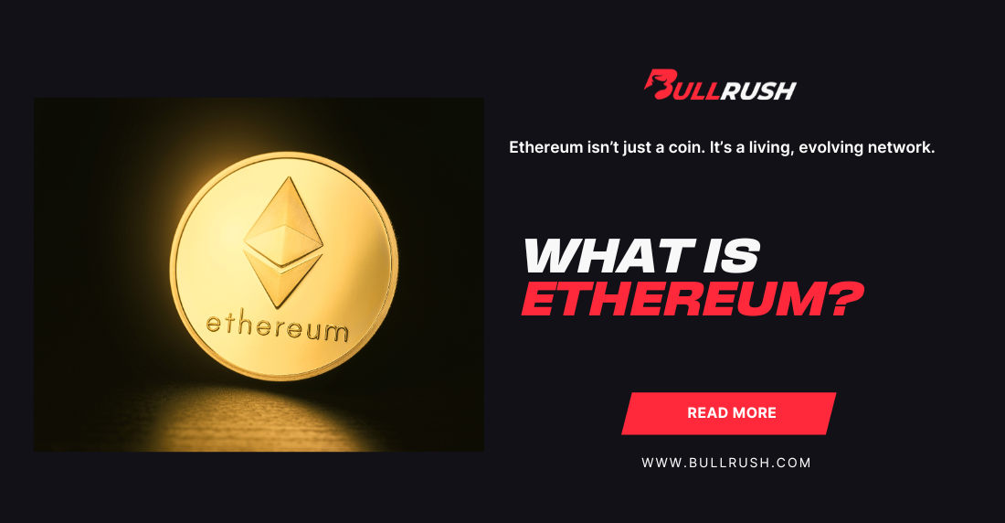 A glowing gold Ethereum coin on the left, with text on the right reading "What is Ethereum?" and "Read More" in bold, set against a dark background.