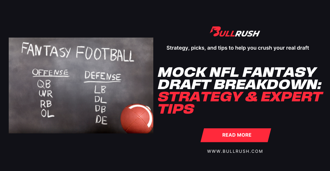 halkboard with "Fantasy Football" lists positions: QB, WR, RB, OL for offense, and LB, DL, DB, DE for defense. Text: "Mock NFL Fantasy Draft Breakdown." Football and website link included.